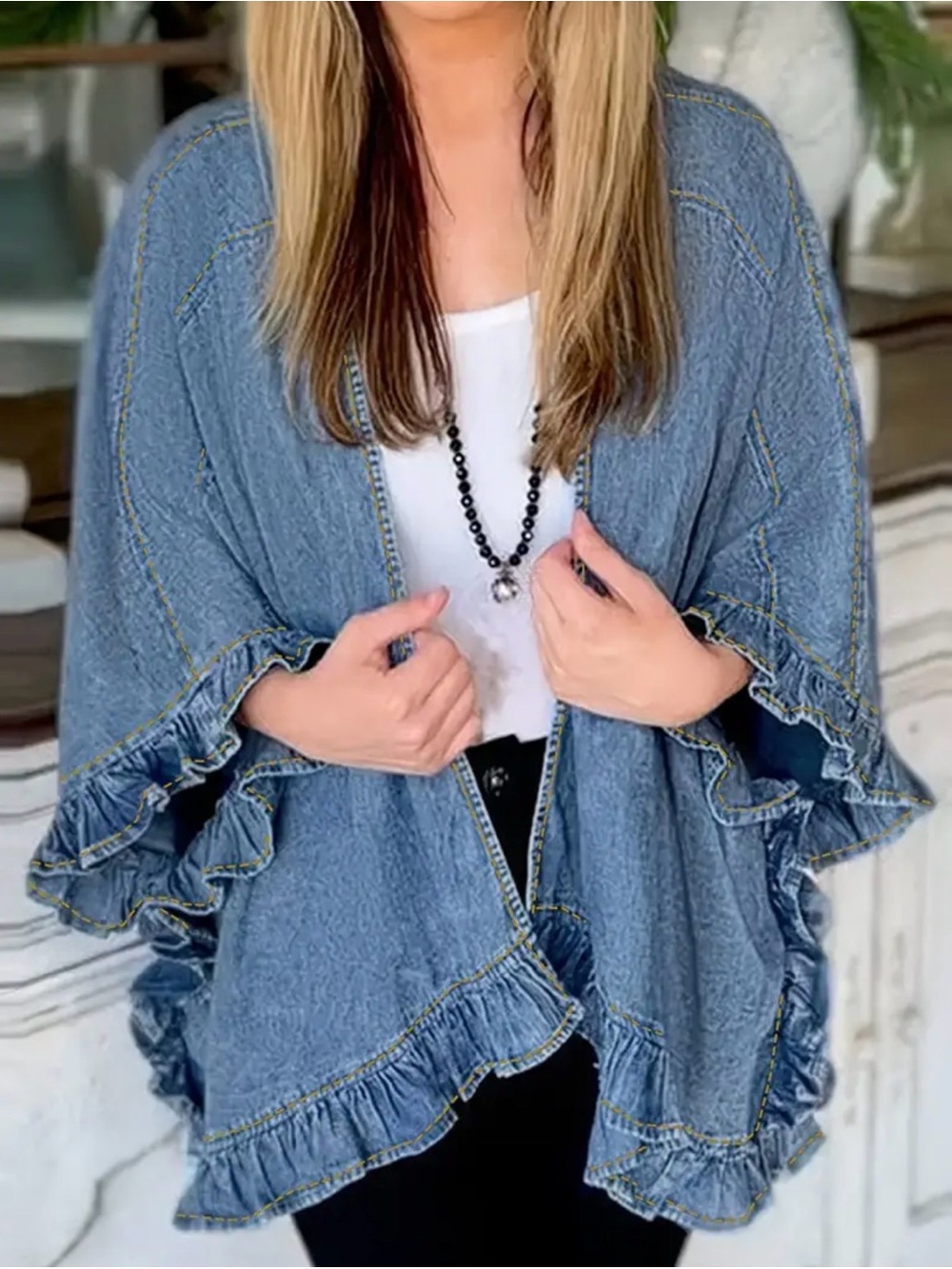 Denim Ruffle Kimono Cardigan Size Small Boho Cottagecore
